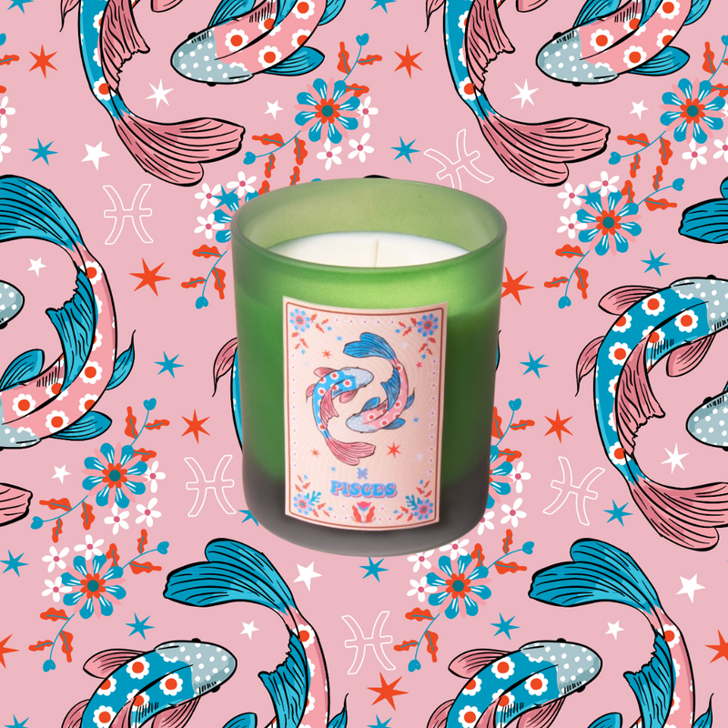 Pisces Zodiac Illustration Frosted Green Scented Candle