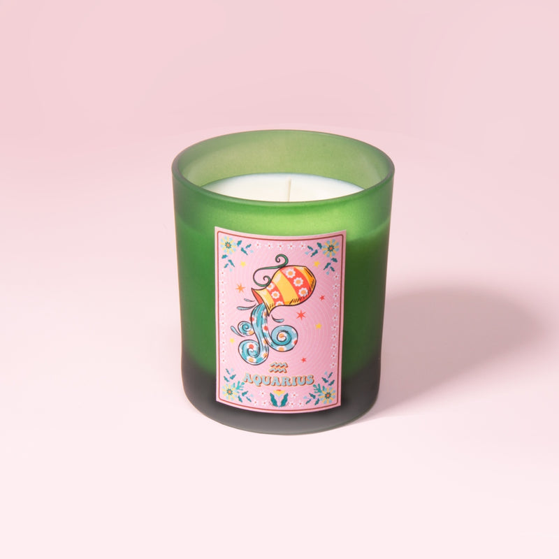 Aquarius Zodiac Illustration Frosted Green Scented Candle