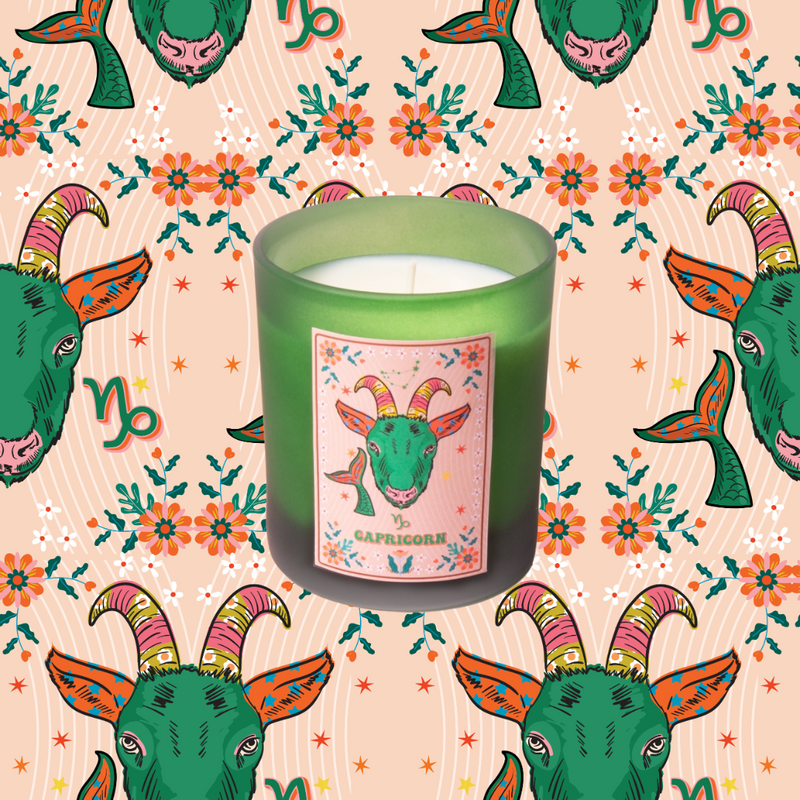 Capricorn Zodiac Illustration Frosted Green Scented Candle