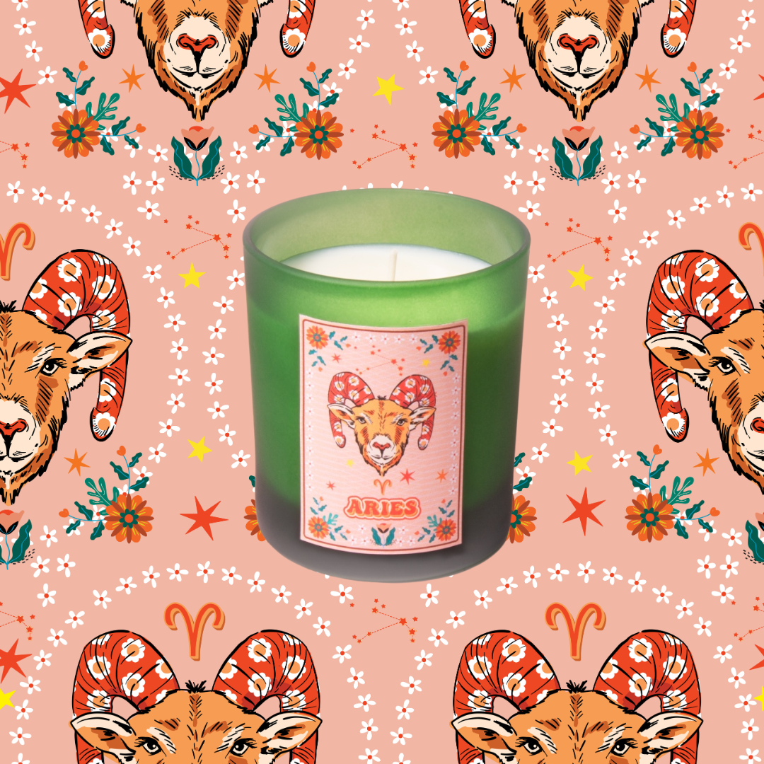 Aries Zodiac Illustration Frosted Green Scented Candle