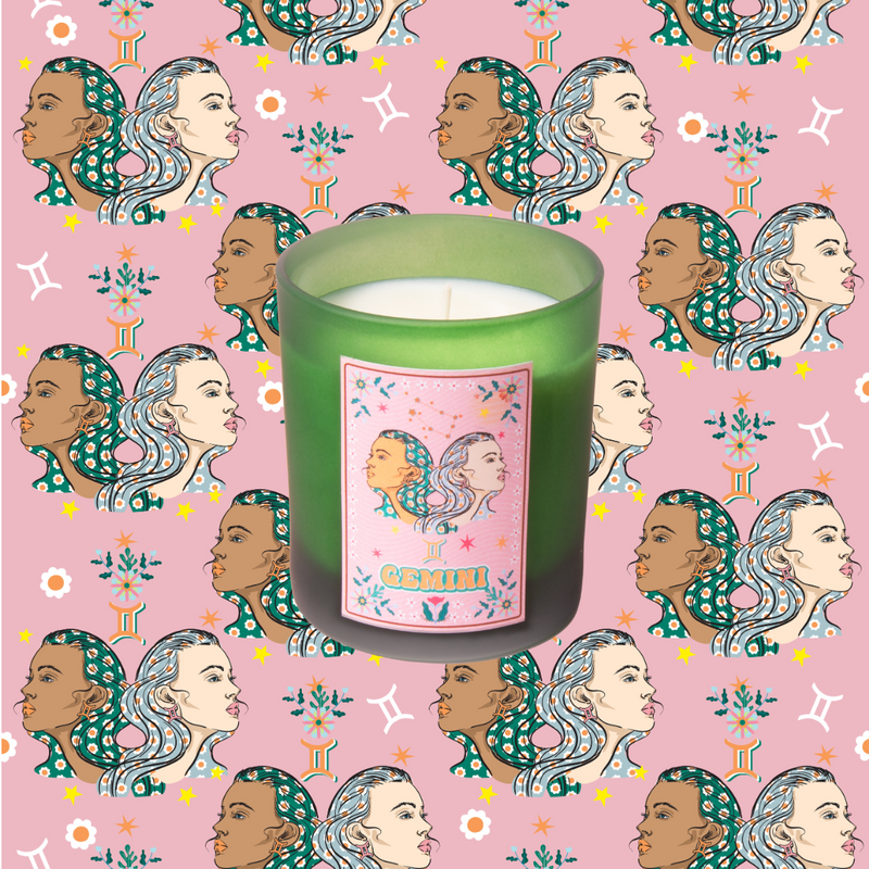 Gemini Zodiac Illustration Frosted Green Scented Candle