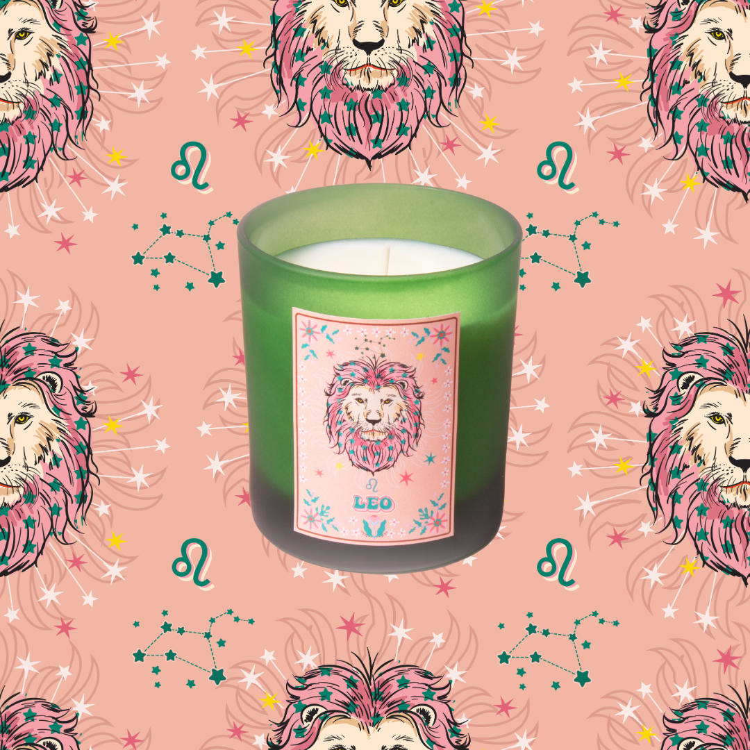 Leo Zodiac Illustration Frosted Green Scented Candle