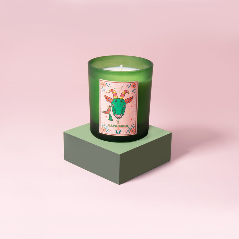 Capricorn Zodiac Illustration Frosted Green Scented Candle