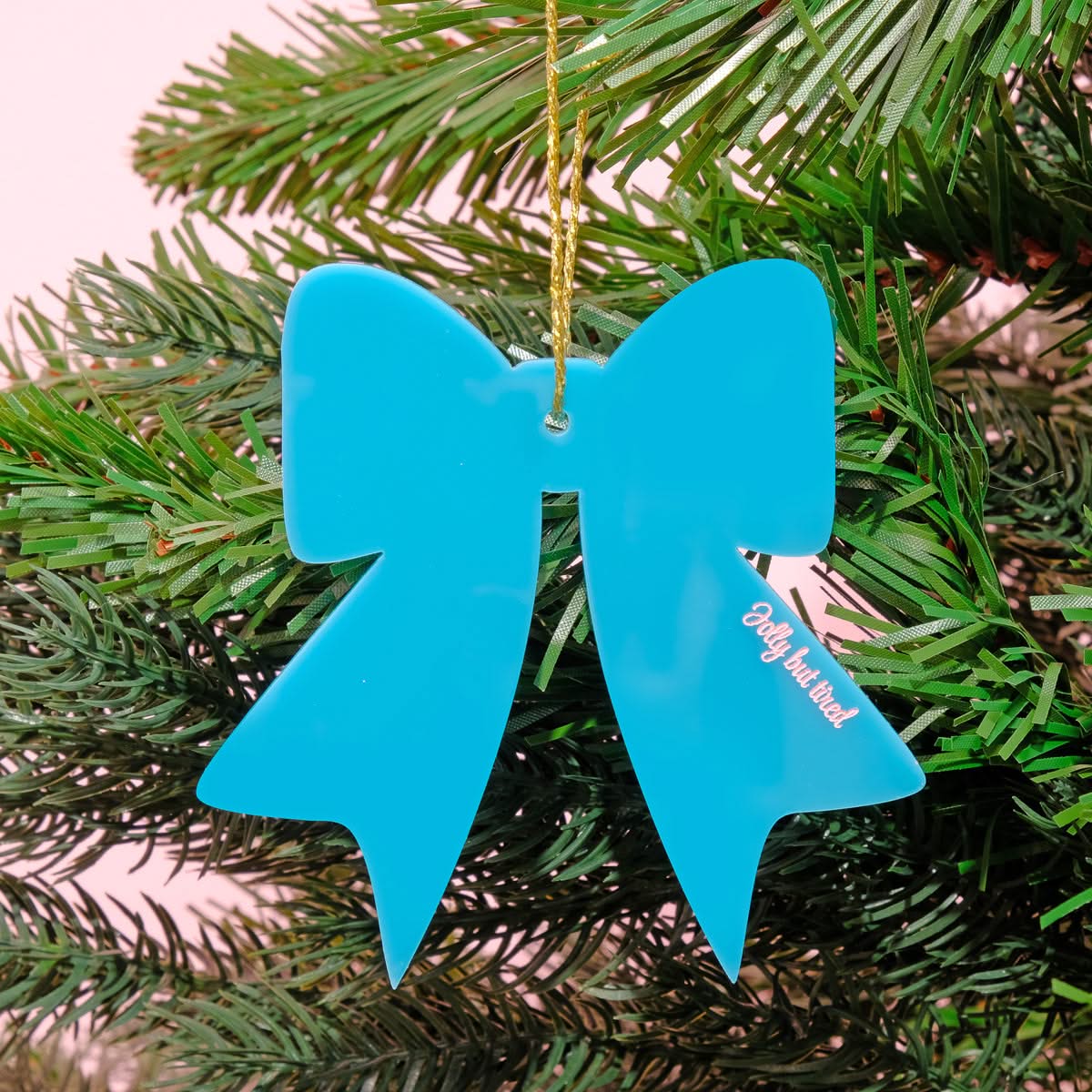 Jolly But Tired Teal Christmas Bow Bauble Tree Decoration