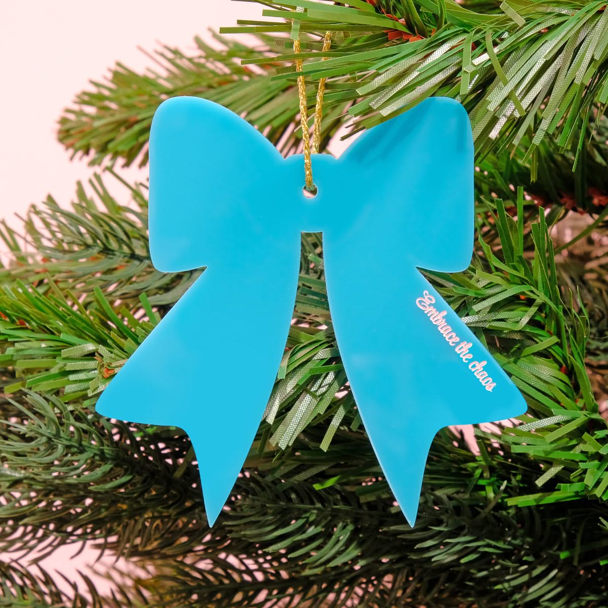 Embrace the Chaos Teal Christmas Bow Bauble Tree Decoration