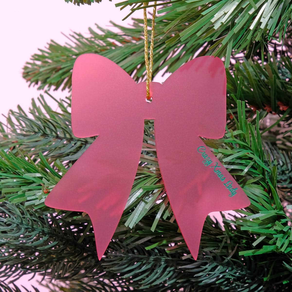 Crazy Xmas Lady Frosted Burgundy Christmas Bow Bauble Tree Decoration