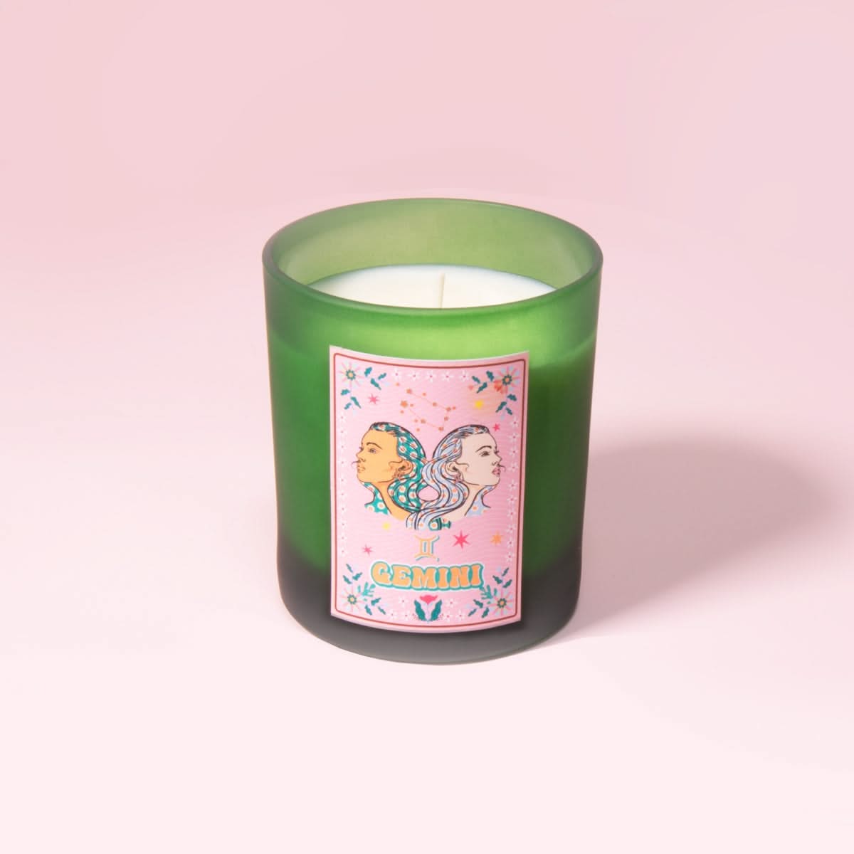 Gemini Zodiac Illustration Frosted Green Scented Candle