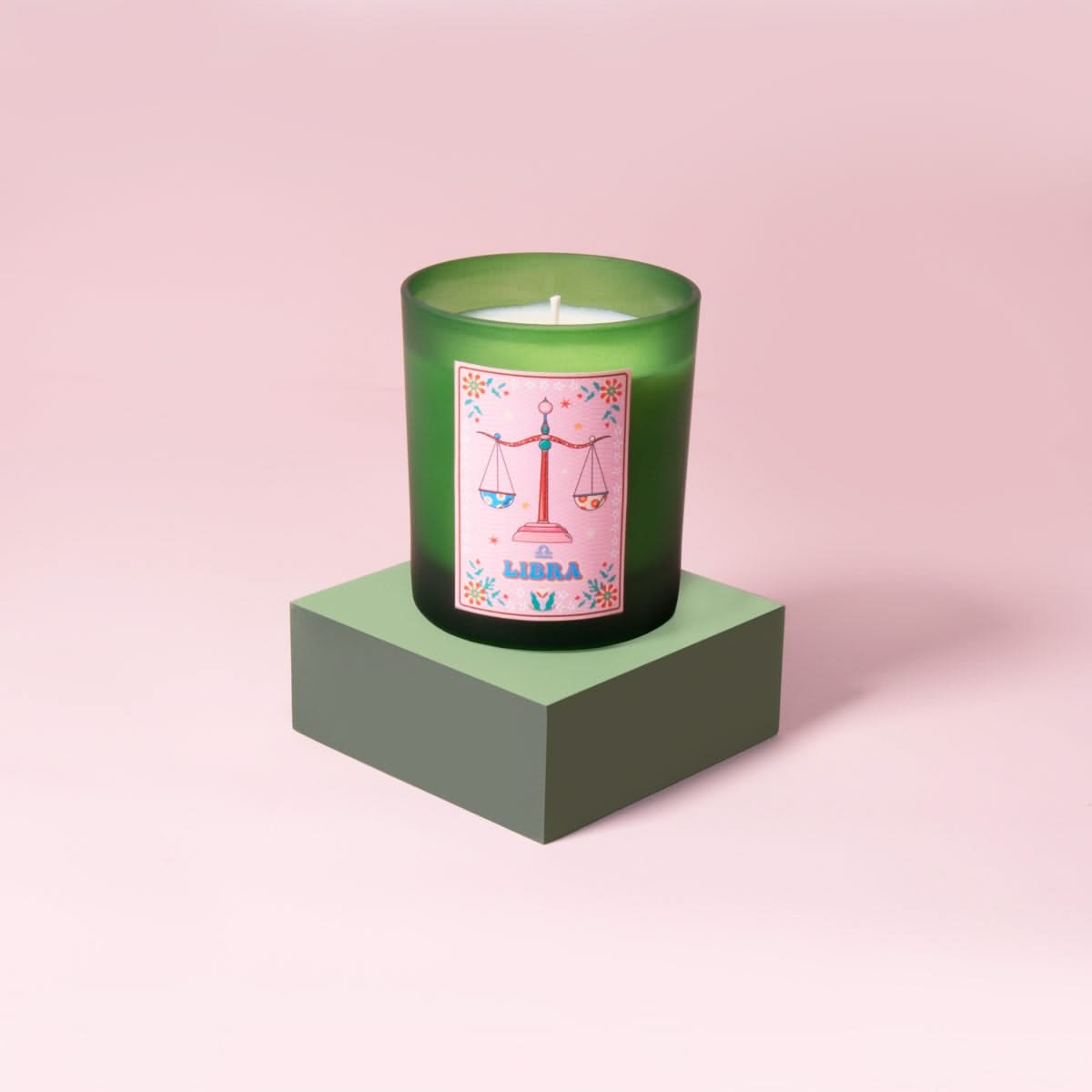 Libra Zodiac Illustration Frosted Green Scented Candle