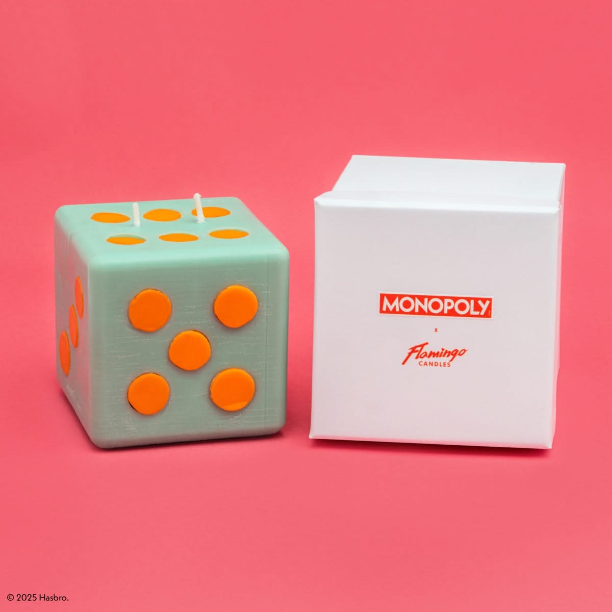 Monopoly x Flamingo Candles Roll the Dice Mint Green & Orange Pillar Candle
