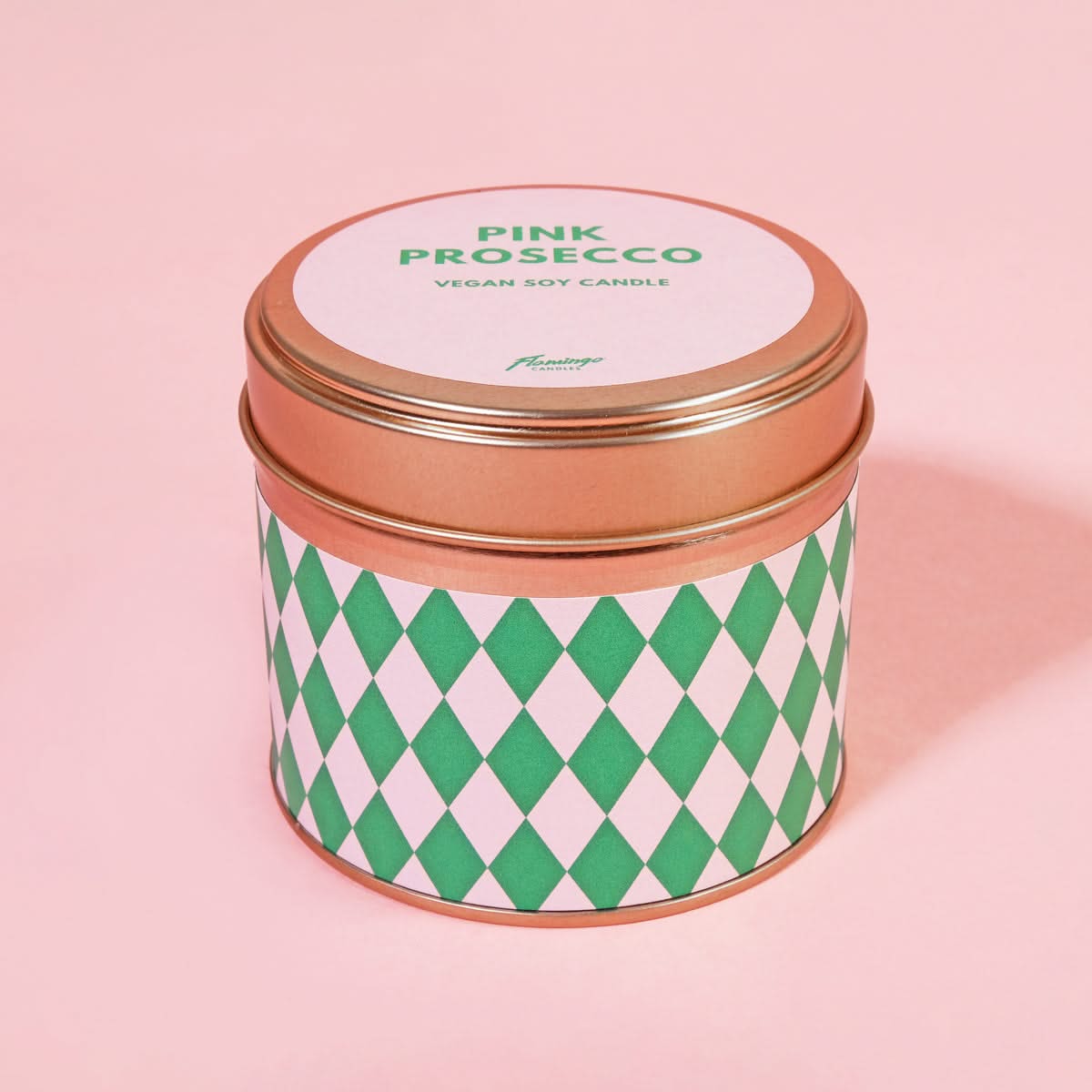 Pink Prosecco Harlequin Christmas Print Tin Candle