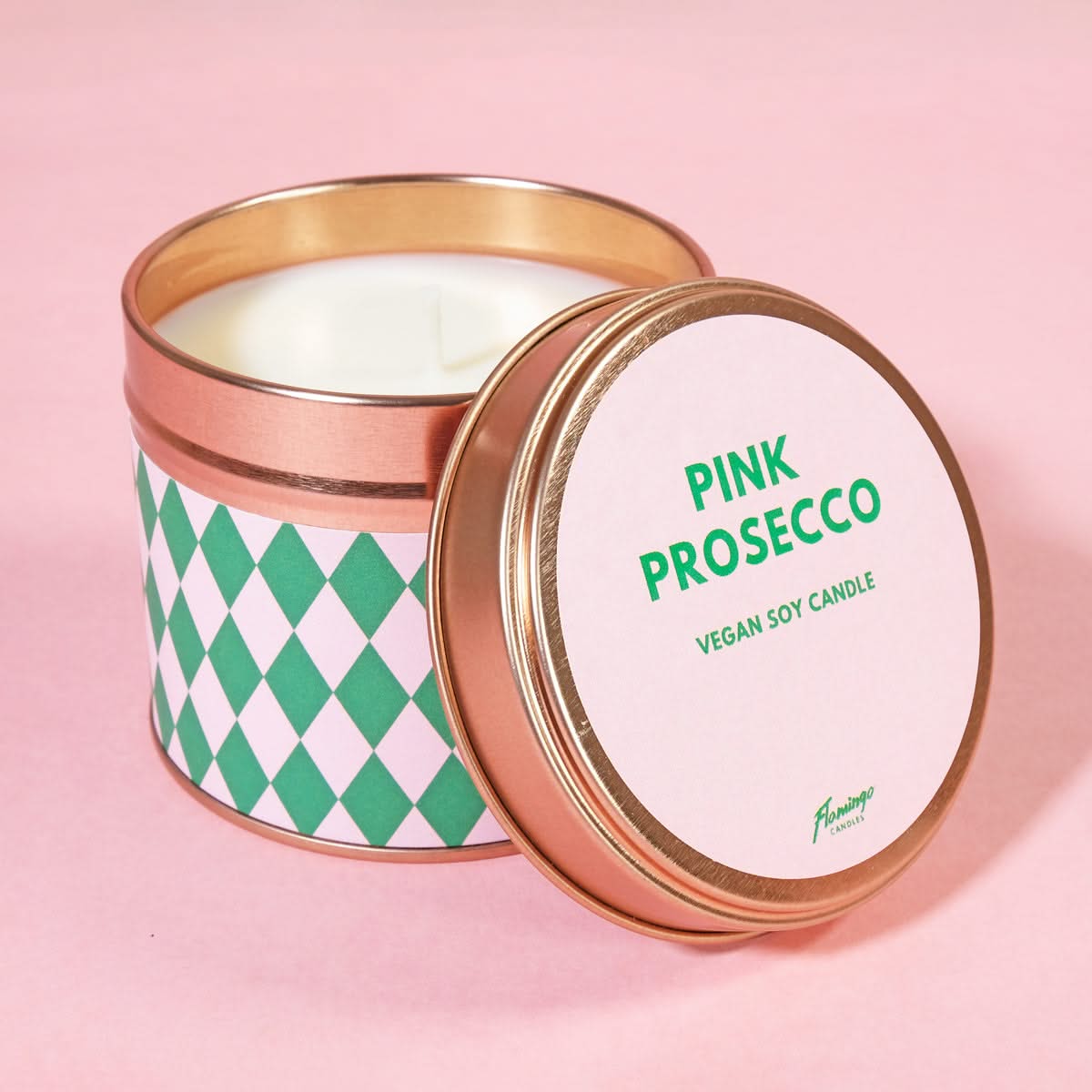 Pink Prosecco Harlequin Christmas Print Tin Candle