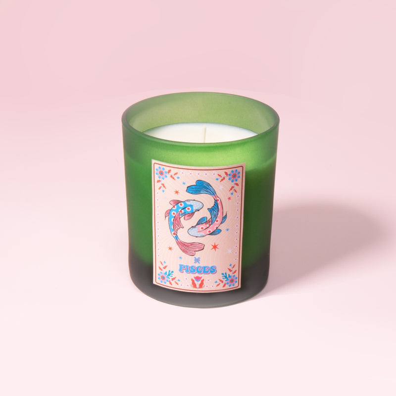 Pisces Zodiac Illustration Frosted Green Scented Candle