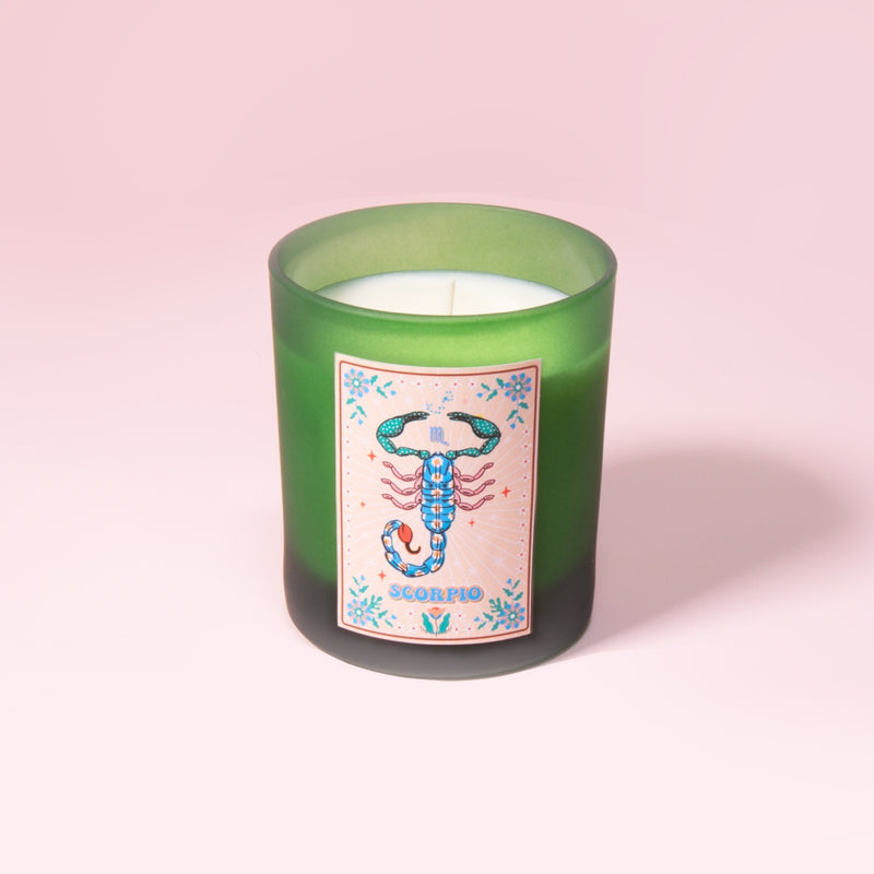 Scorpio Zodiac Illustration Frosted Green Scented Candle