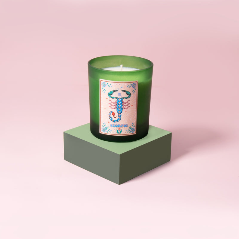 Scorpio Zodiac Illustration Frosted Green Scented Candle