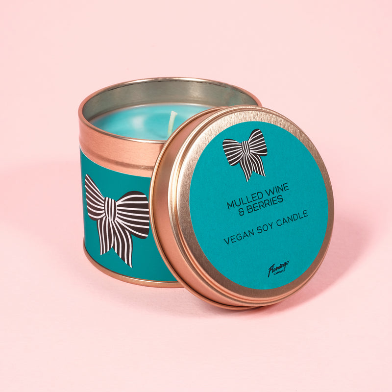 Mulled Wine & Berries Teal Christmas Bow Tin Candle