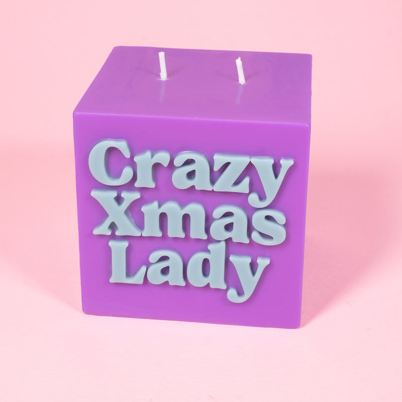 Crazy Xmas Lady Purple & Teal Christmas Cube Candle