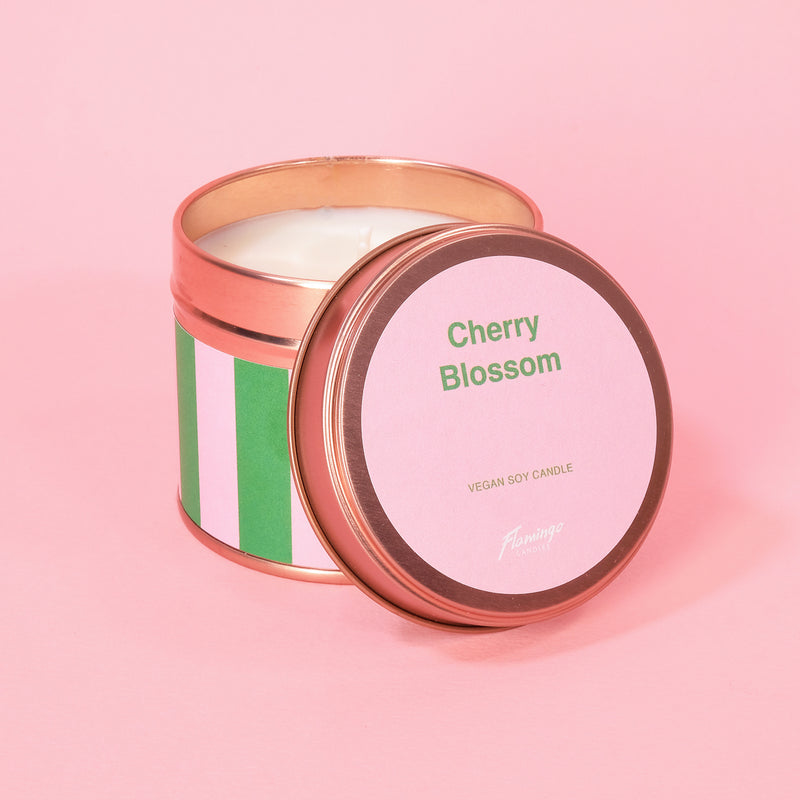 Cherry Blossom Pink & Green Stripe Tin Candle