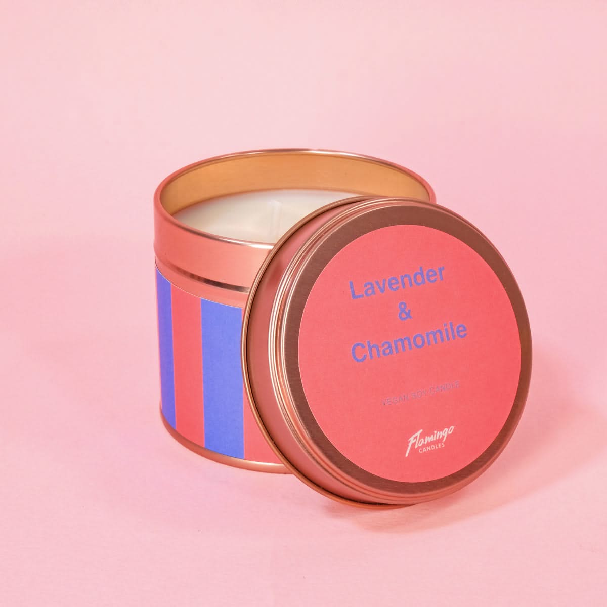 Lavender & Chamomile Red & Purple Stripe Tin Candle