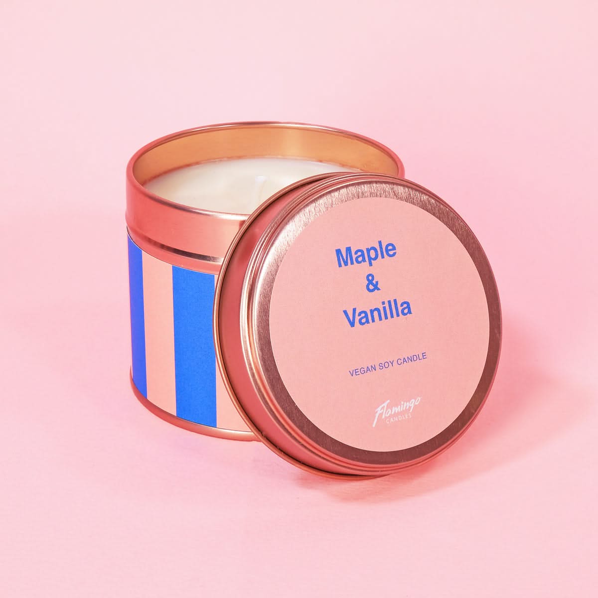 Maple & Vanilla Coral & Blue Stripe Tin Candle
