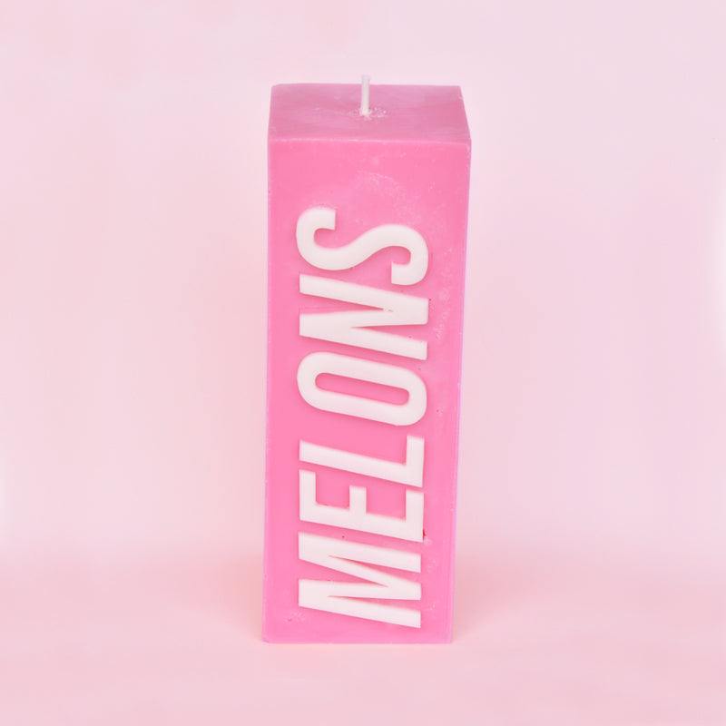 Pink Ribbon MELONS Slogan Block Pillar Candle