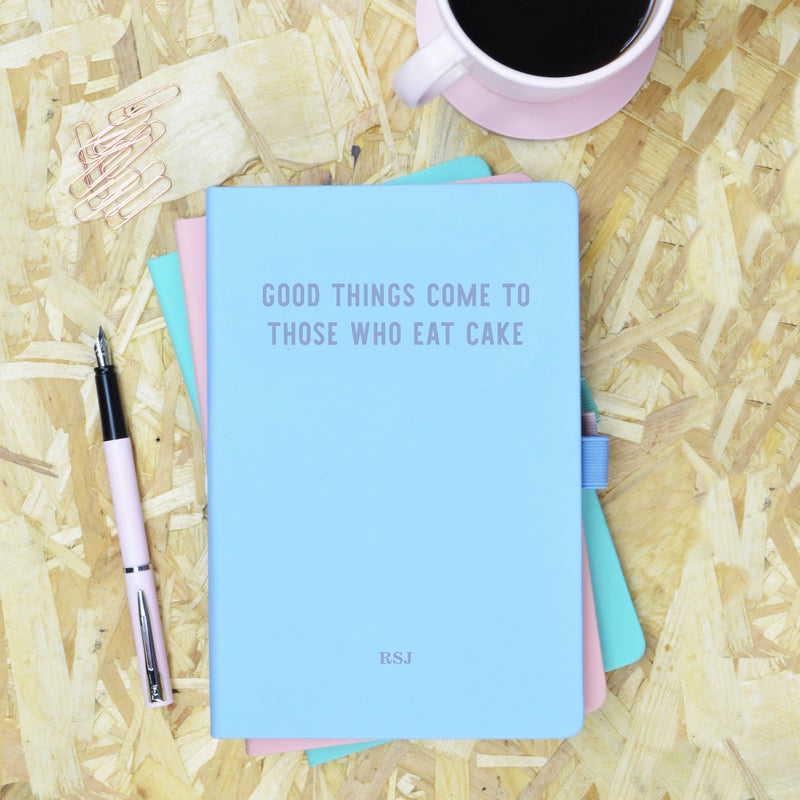 Good Things Come to Those Who Eat Cake Blue & Purple Personalised Notebook